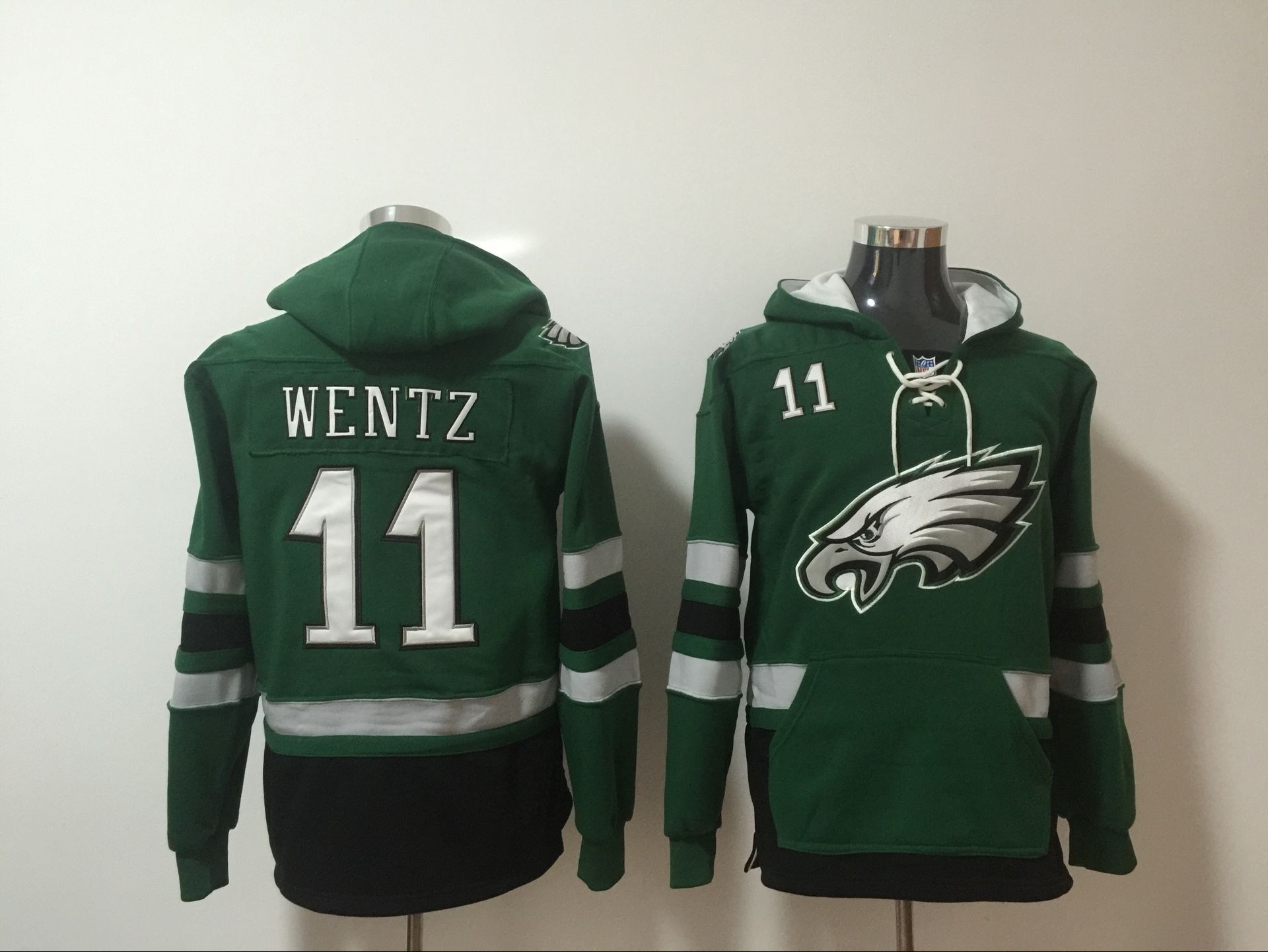 Men's Philadelphia Eagles #11 Carson Wentz Green All Stitched NFL Hoodie Sweatshirt
